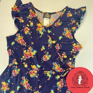 Pink & Violet Girls 10/12 Navy Blue Floral Faux Wrap Dress PRELOVED